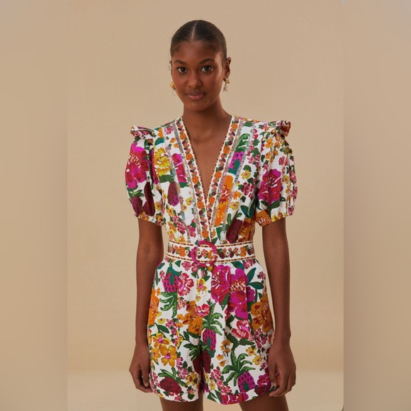 FARM Rio Pants - Farm Rio Off-White Flowerful Sketch Romper